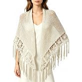 55x25in Beige Fringed Crochet Shawl, Handmade Wrap for Casual Formal | Hand-crocheted handmade fringed wrap, versatile for daily wear &amp; formal events, perfect holiday gift for women