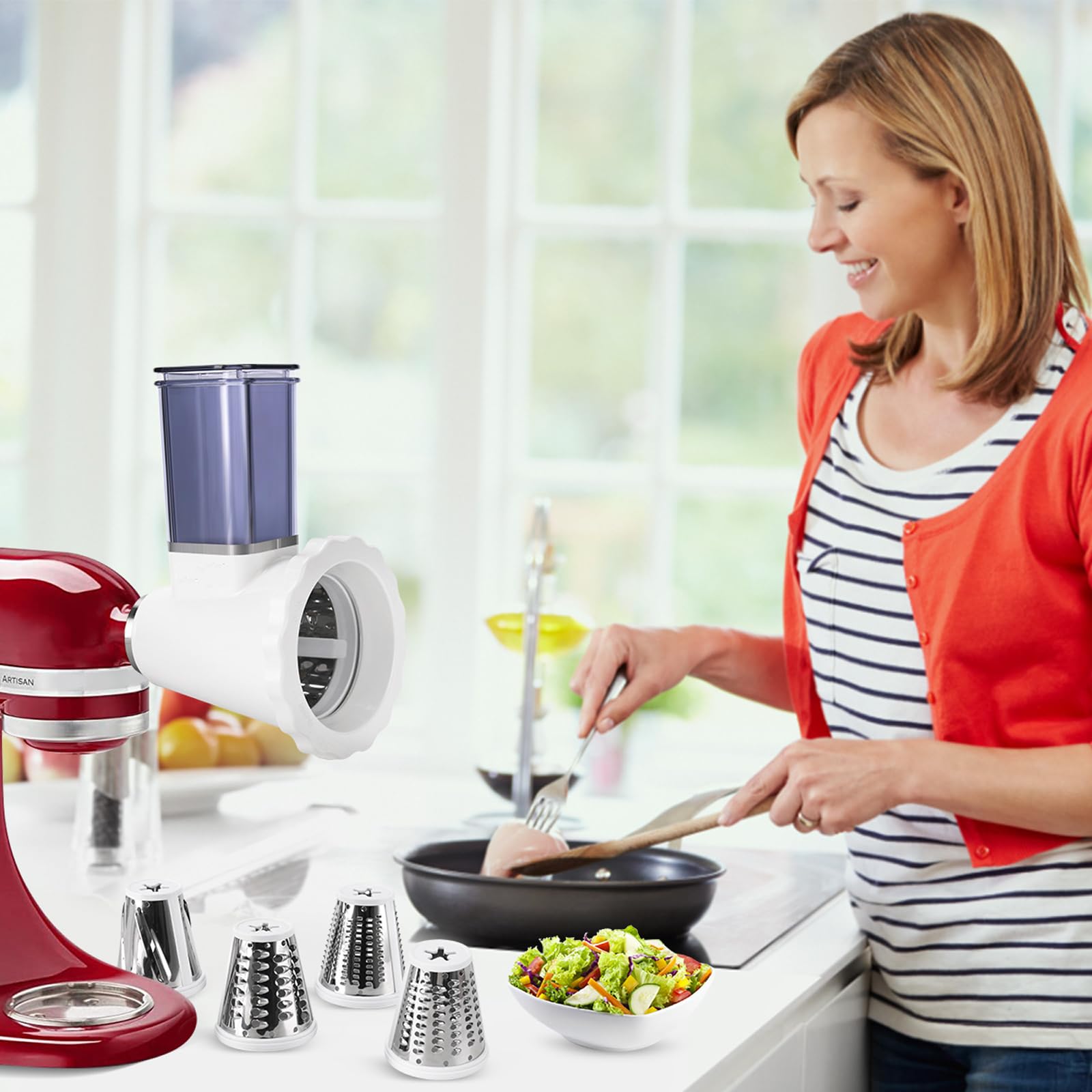 Upgraded Version - Cheese Grater Slicer Shredder Attachments for All KitchenAid Stand Mixers, Food Slicers Salad Maker Accessory Vegetable Chopper with 4 Blades Dishwasher Safe