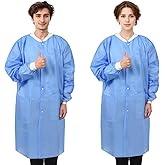 NIESUGA 10-50 Pack SMS Disposable Lab Coats for Adults, Blue, Knee-Length, 2 Pockets, 50 GSM Knit Cuffs & Collar, M-XXXLarge
