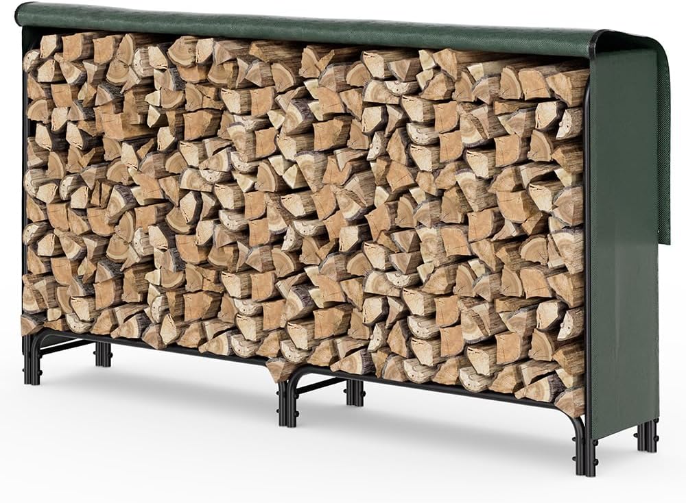 VOUNOT Firewood Log Rack with Waterproof Cover, 200x115x40 cm, Green