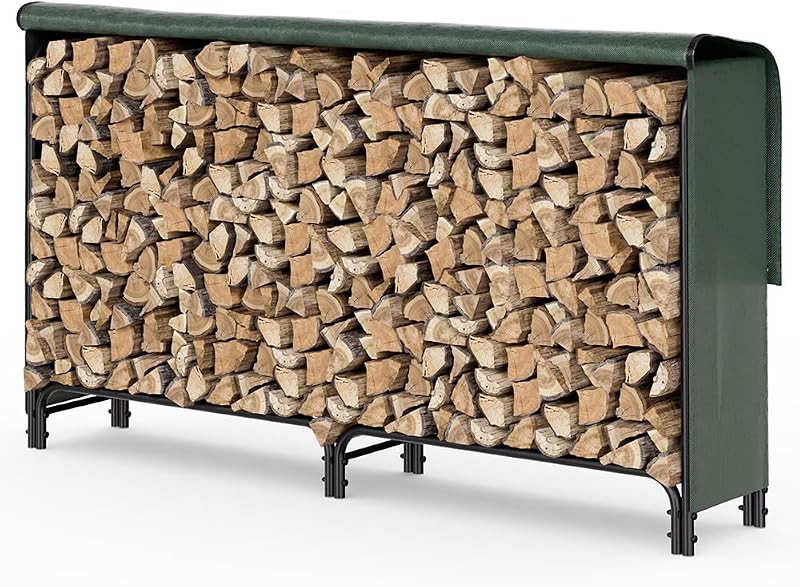 VOUNOT Firewood Log Rack with Waterproof Cover, 200x115x40 cm, Green