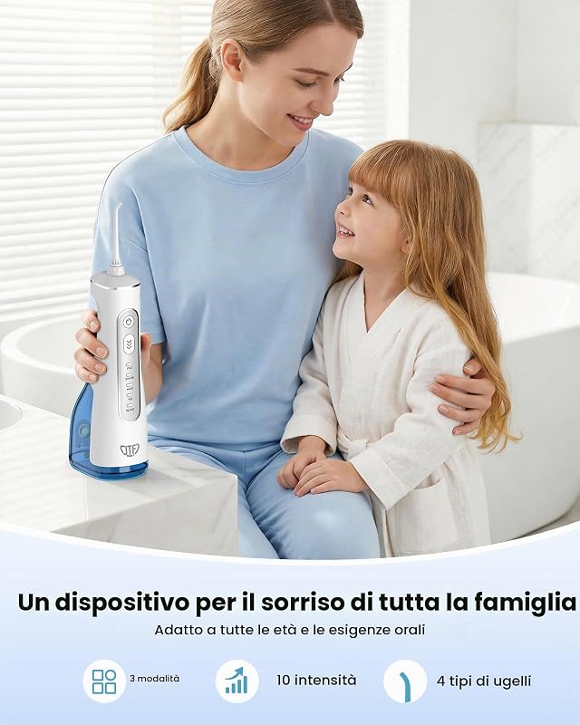 Irrigatore Orale Senza Fili, 300 ML Idropulsore Dentale Portatile, 3+1 Modalità Professionale Elettrico Water Flosser per Pulizia Denti, Impermeabile IPX7 per Viaggi a Casa di salute orale（Bianco）