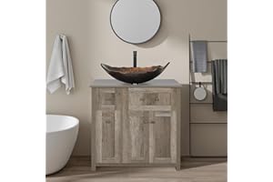 Puluomis 30 inches Bathroom Vanity, Modern Wood Fixture Stand Pedestal Bathroom Cabinet with Bathroom Leaf Brown Glass Vessel Sink Top