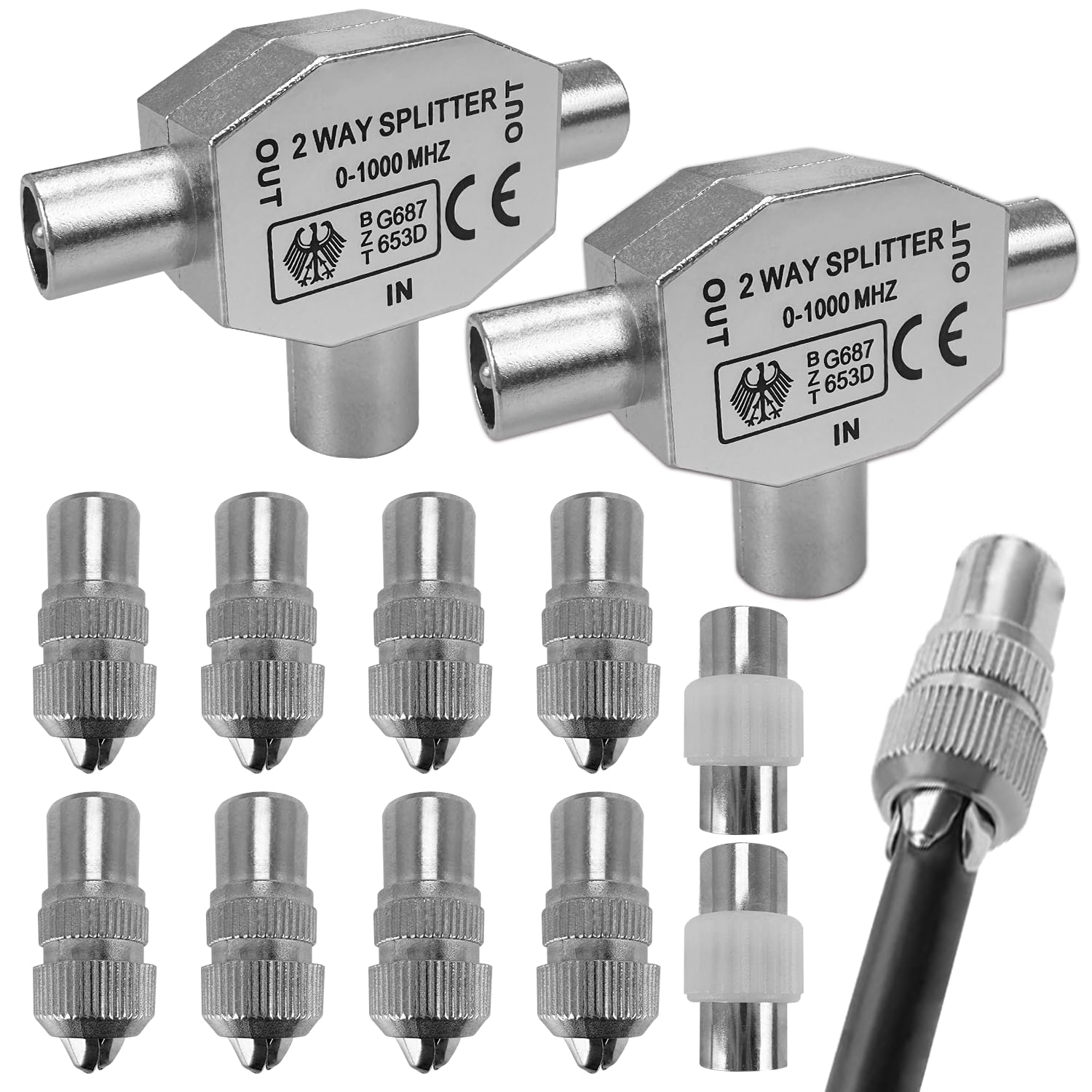 2 PCS TV Aerial Splitter, 2 Way 1 Female to 2 Male TV Aerial Coax Splitter With 10 PCS TV Aerial Connectors, Compatible with Cable TV Antenna, Shielded Metal Housing