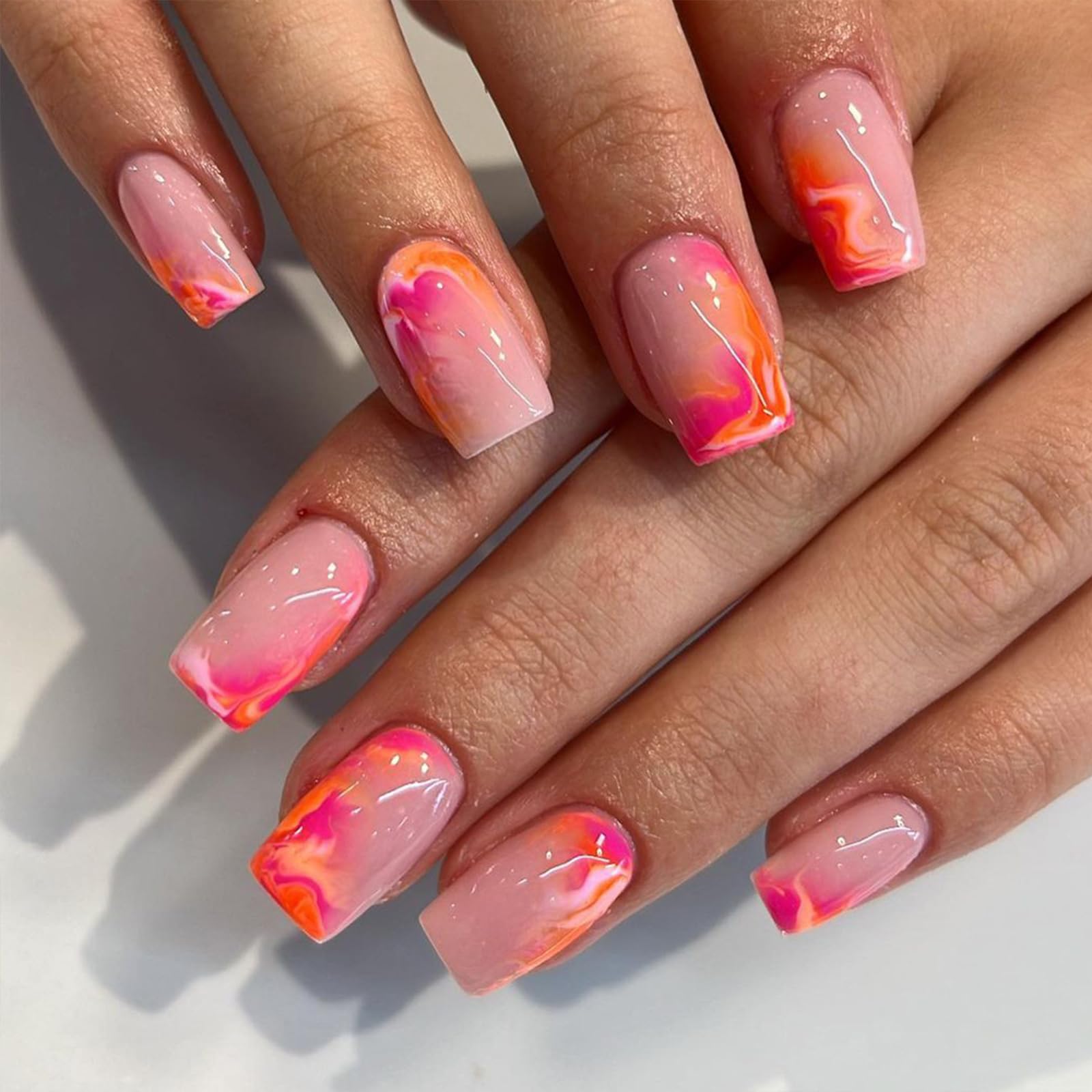 IMSOHOT Square Press on Orange Red Ombre Fake Nails with Designs Glossy Full Cover Acrylic False Summer Stick on Nails for Women Girls