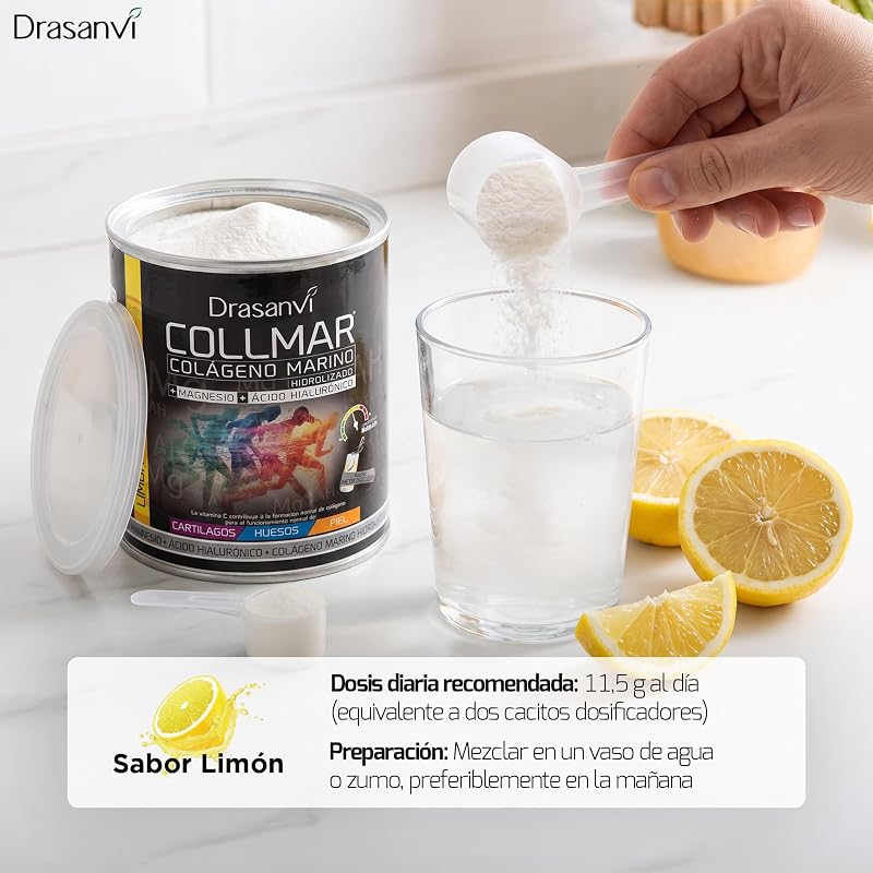 COLLMAR Colágeno Marino Hidrolizado con Ácido Hialurónico, Magnesio, Vitamina C | para Cartílagos, Huesos y Piel |Alta Dosis 9.717 mg/dia |300g de Polvo=28 Días | Sabor Limón