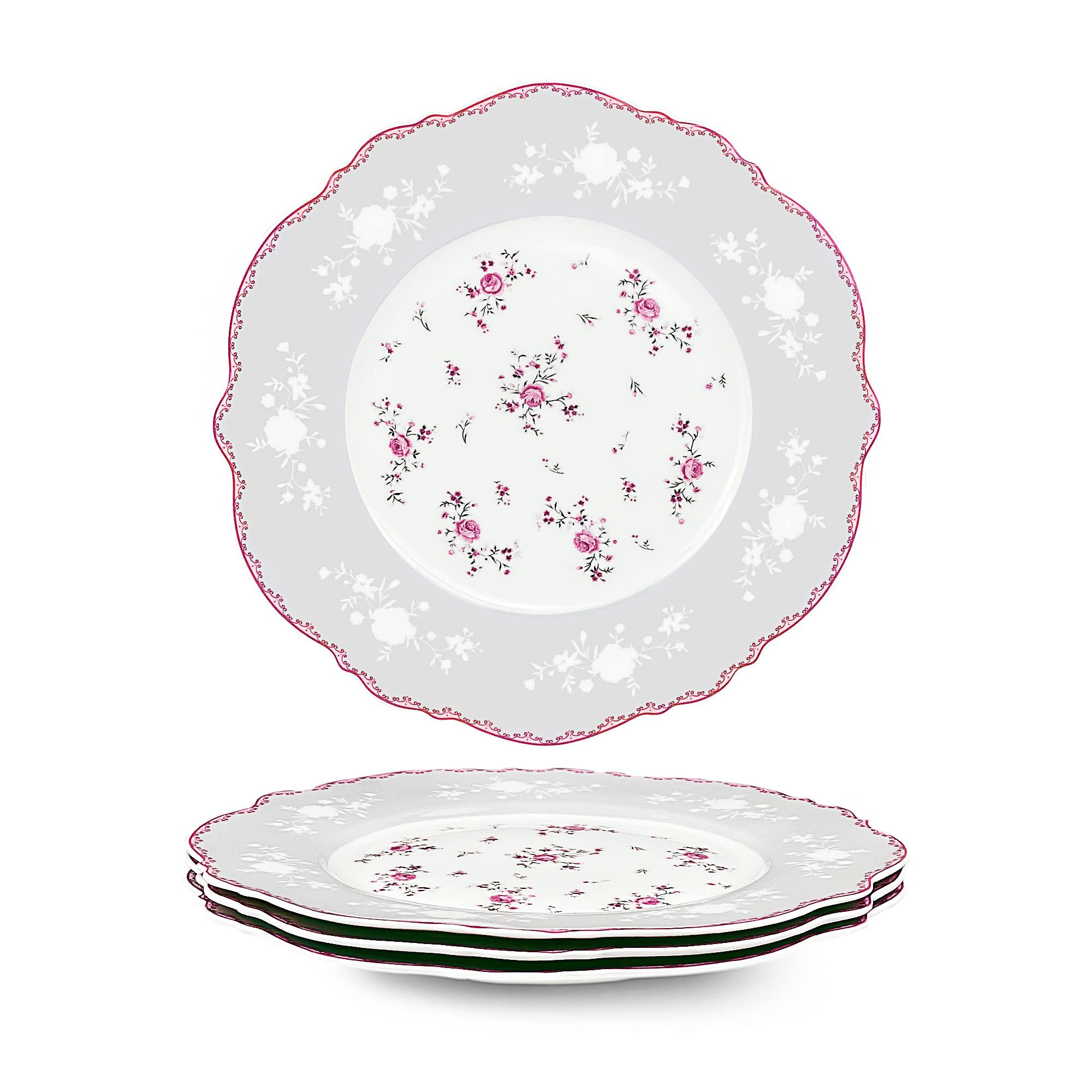 fanquare 20.8cm Porcelain Dessert Appetizer Plates, Pink Rose Floral Side Plates Set of 4, Gold Rimmed Dinner Service for Housewarming Gifts