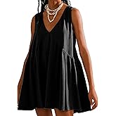 OPCAKM Women's V Neck Sleeveless Mini Dress Loose Summer Pleated Swing Flowy Sundress