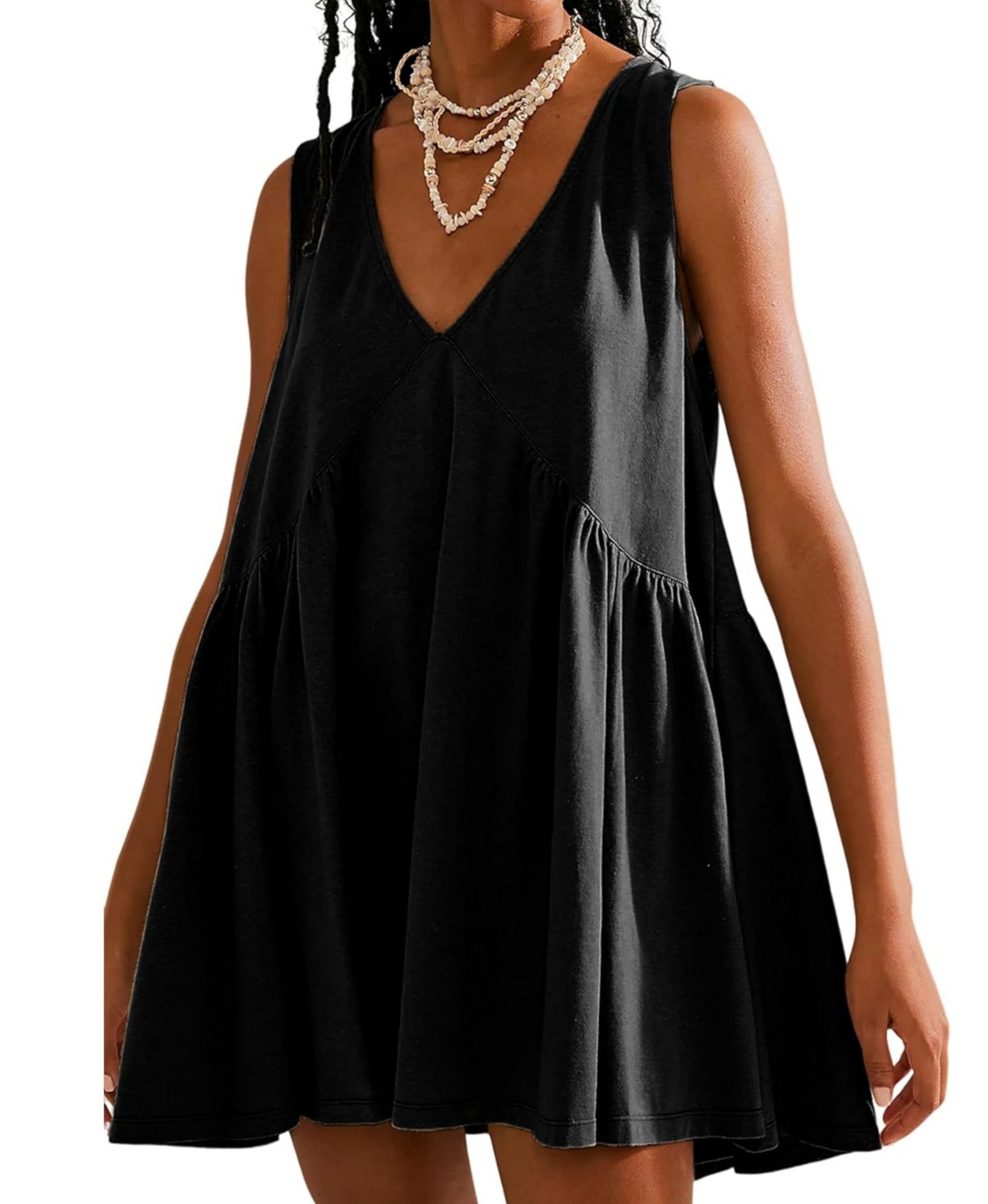 Photo 1 of OPCAKM Women's V Neck Sleeveless Mini Dress Loose Summer Pleated Swing Flowy Sundress(Black-XL)
