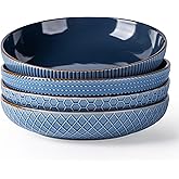 GBhome 9.5'' Large Pasta Bowls, 42 Ounce Stoneware Salad Bowls for Kitchen, Ceramic Serving Bowls With Textured Pattern for Pasta,Fruit, Stews,Noodle, House-warming Gift, Set of 4-Moonlight Blue