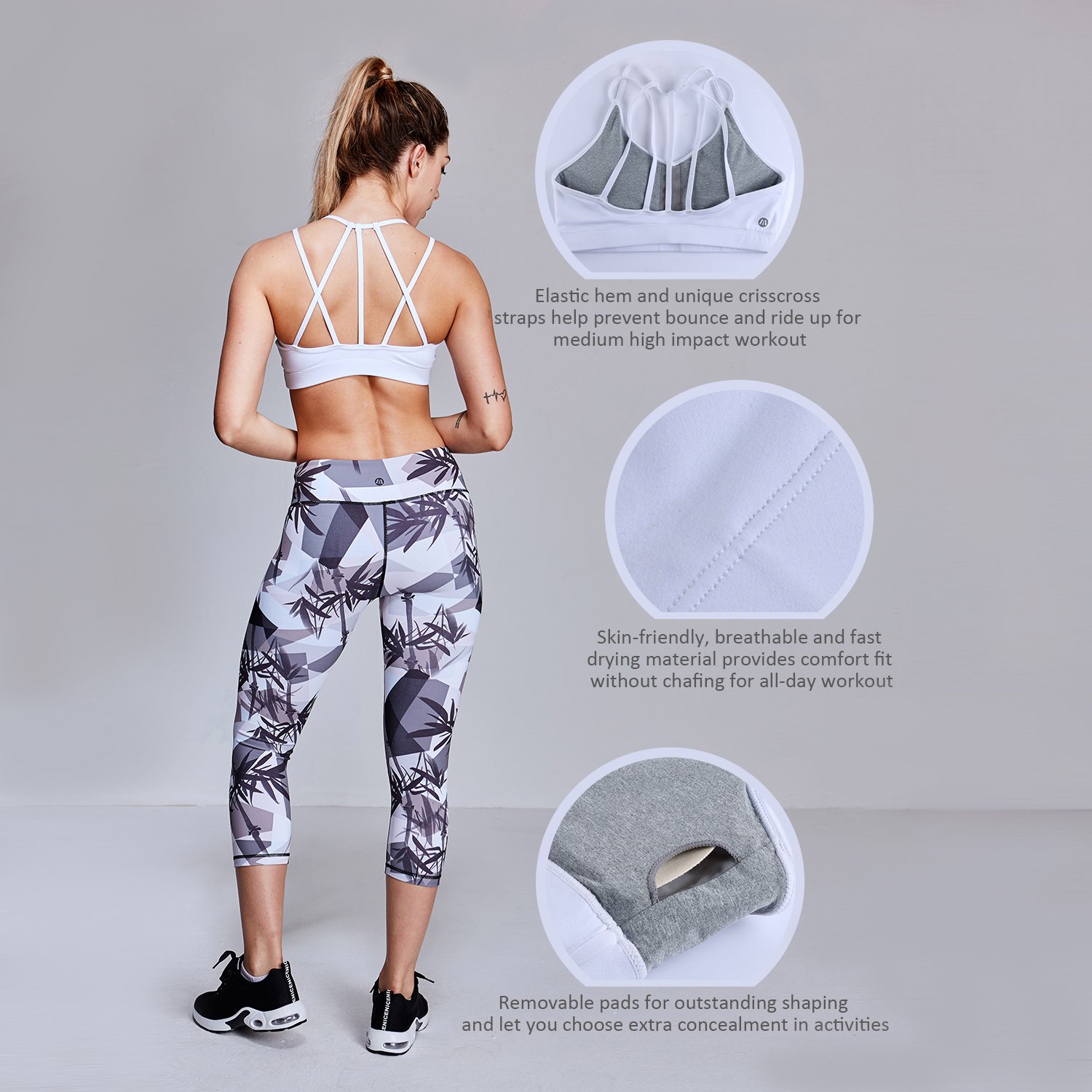 Matymats Active Strappy Sports Bra Medium Impact Workout Running Yoga Bra Tops with Removable Pads