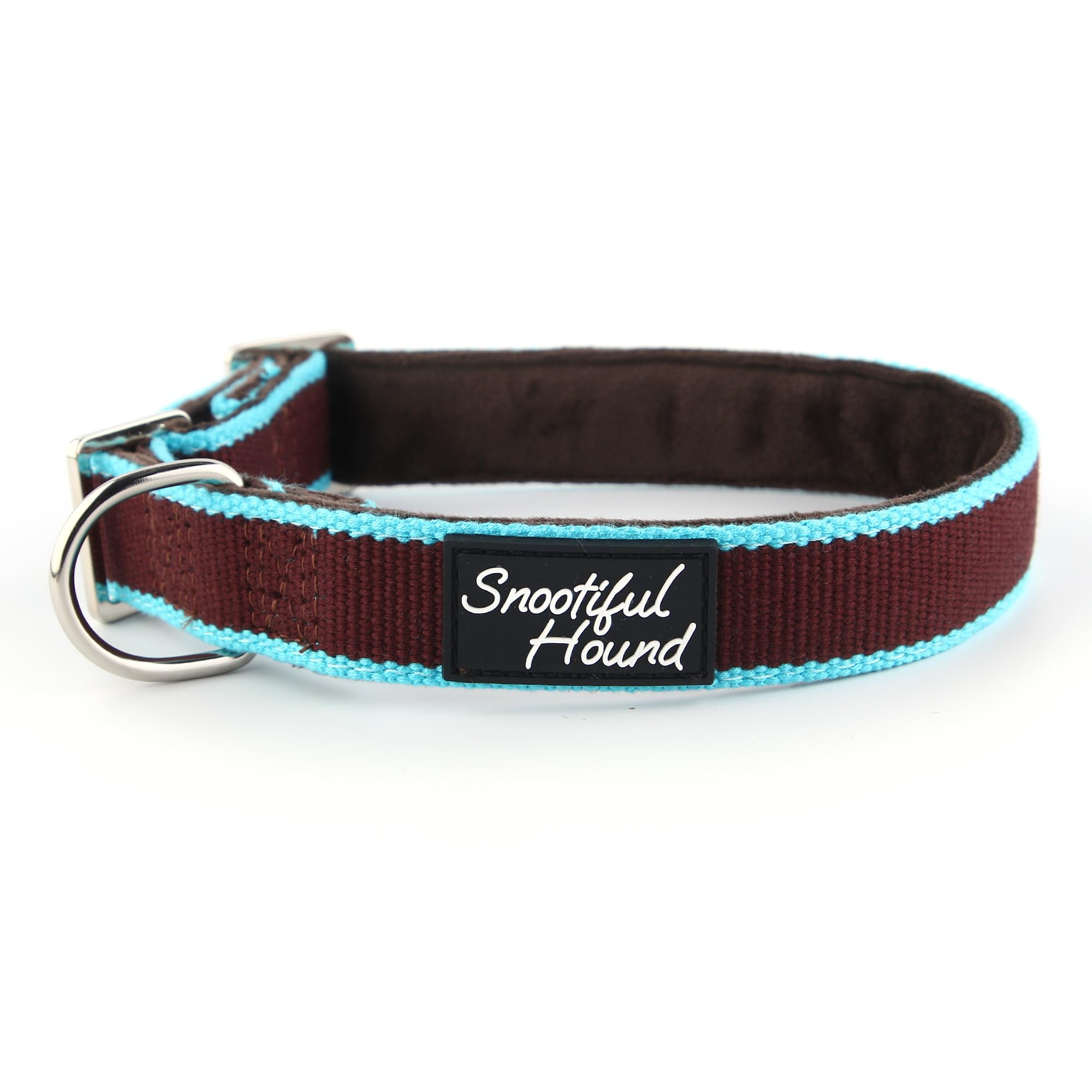 Snootiful Hound Buckleless Dog House Collar - Organic Bamboo & Soft Velvet Lining - Greyhound/Whippet House Collar - Ideal for long term wear for ID (Brown & Blue, 20-35cm)