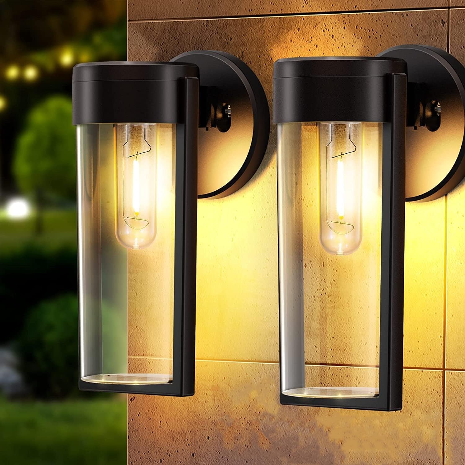 FORNORM Solar Fence Lights Outdoor 4 Pack, Garden Solar Lights Waterproof Black Wall Lantern Front Door Fence Patio Lighting with Clear Acrylic Shade