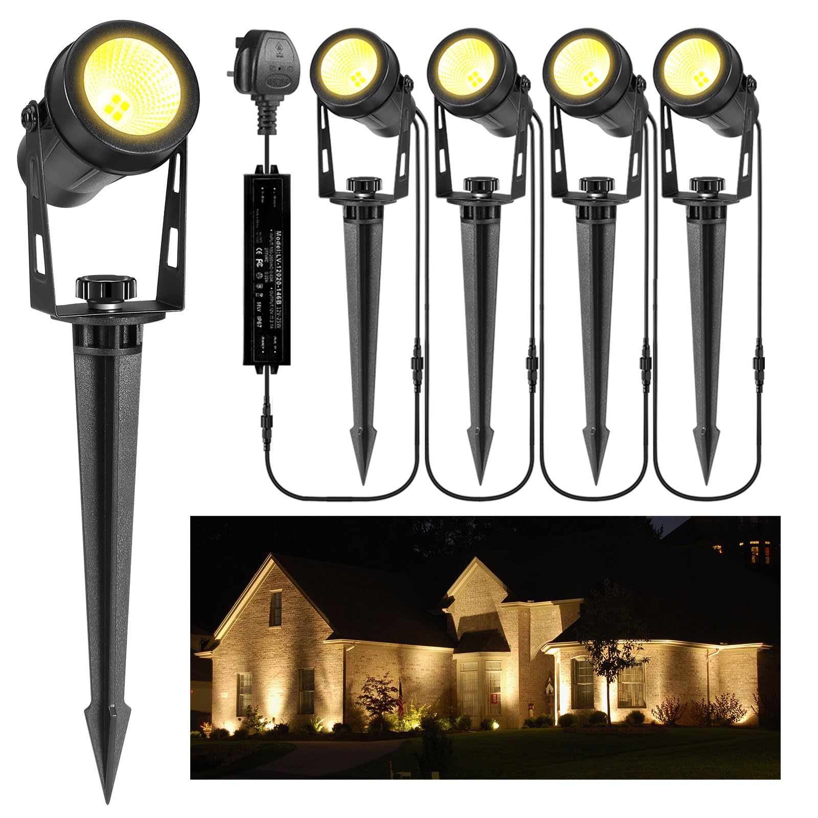 GreenClick Garden Spike Lights, Extendable Garden Lights Mains Powered 12V Low Voltage Landscape Spotlights IP65 Waterproof Outdoor Garden Uplights for Wall Trees Shrubs(4 Pack, Warm White) — image 1