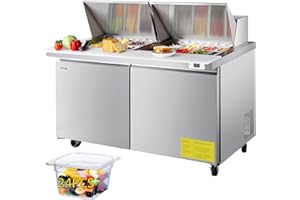 VEVOR 60"W Commercial Refrigerator, 15.4 Cu. Ft Sandwich Prep Refrigerated Table, Mega Top Food Prep Fridge with 24 Pans and Cutting Board, Stainless Steel Salad Prep Cooler for Restaurant, Food Truck