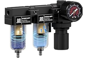 NEWPO 1/4" NPT Compressed Air Filter Regulator with Gauge, Double Air Drying System for Spray Guns-Semi-Auto Drain, Metal Bracket,5 Micron Brass Filter Cartridge…