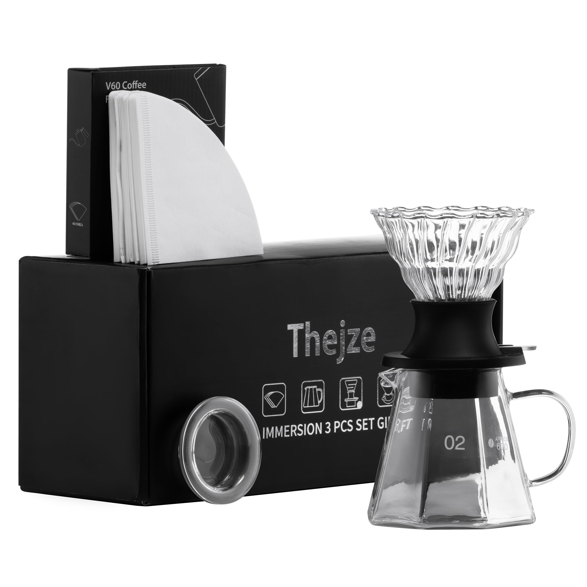 Photo 1 of TheJze Switch pour over coffee maker, 3-in-1 Immersion &pour over coffee dripper, Stops Bitter Coffee, Includes 600ml Glass Pot & 50 Natural Paper Filters, Size 02, Ideal for Iced drink & Gift