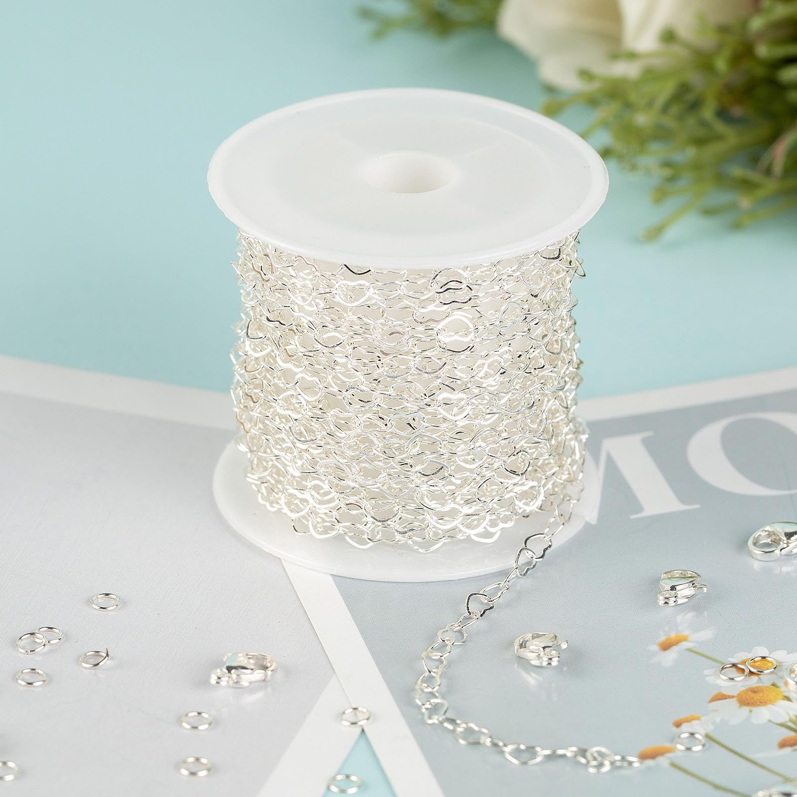 KYUNHOO 16.4 Feet/5M Silver Heart Necklace Chains for Jewelry Making Solid Copper Chain Bulk Heart Cable Link Chain Roll with Jump Rings and Lobster Clasps Jewelry Supplies Findings