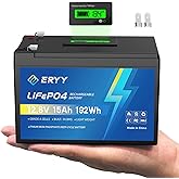 ERYY 12V 15Ah LiFePO4 Lithium Battery with BMS & LCD Voltmeter, Grade A Cells, 4000+ Cycles, Lightweight Rechargeable Deep Cycle Battery for Fish Finder, Camping Light, Solar System, Ham Radio