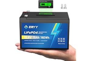 ERYY Upgraded LiFePO4 Lithium Battery 12V 15Ah - Built-in 15A BMS & LCD Voltage Meter & Grade A Cells,4000+ Deep Cycles Lithium Battery Lightweight Rechargeable Batteries for Camping Light,Fish Finder