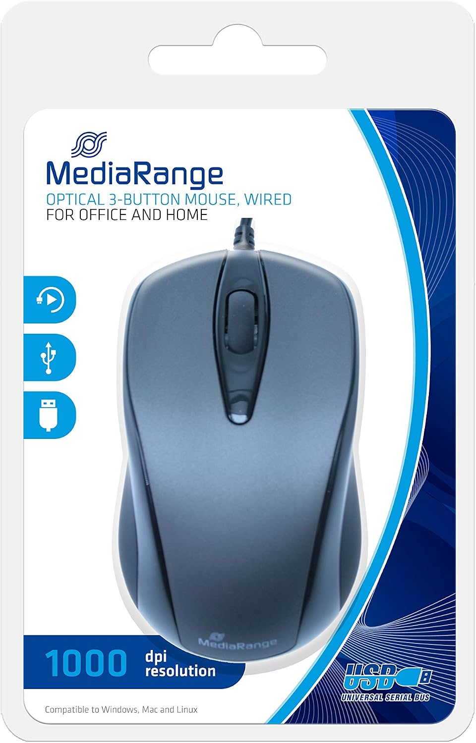 MEDIARANGE MROS201 Optical mouse with cable 3 buttons, Monochrome, regular