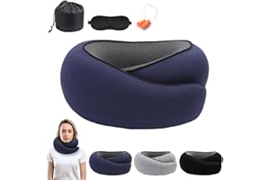 DAZZLEIMART Travel Neck Pillow, Memory Foam Travel Neck Pillow, Airplane Travel Neck Pillow, 360 Degree Comfort and Breath Neck Pillow, Stowable U-Shaped Pillow with 3D Eye Mask and Soft Foam Earplugs (Dark Blue)