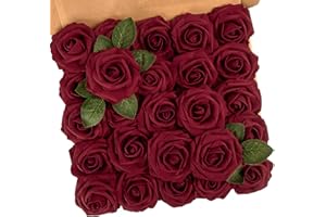 N&T NIETING Artificial Flowers, 25Pcs Fake Flowers Roses Perfect DIY Wedding Bouquets Centerpieces Bridal Shower Party Home Flower Arrangement Decorations, Dark Red