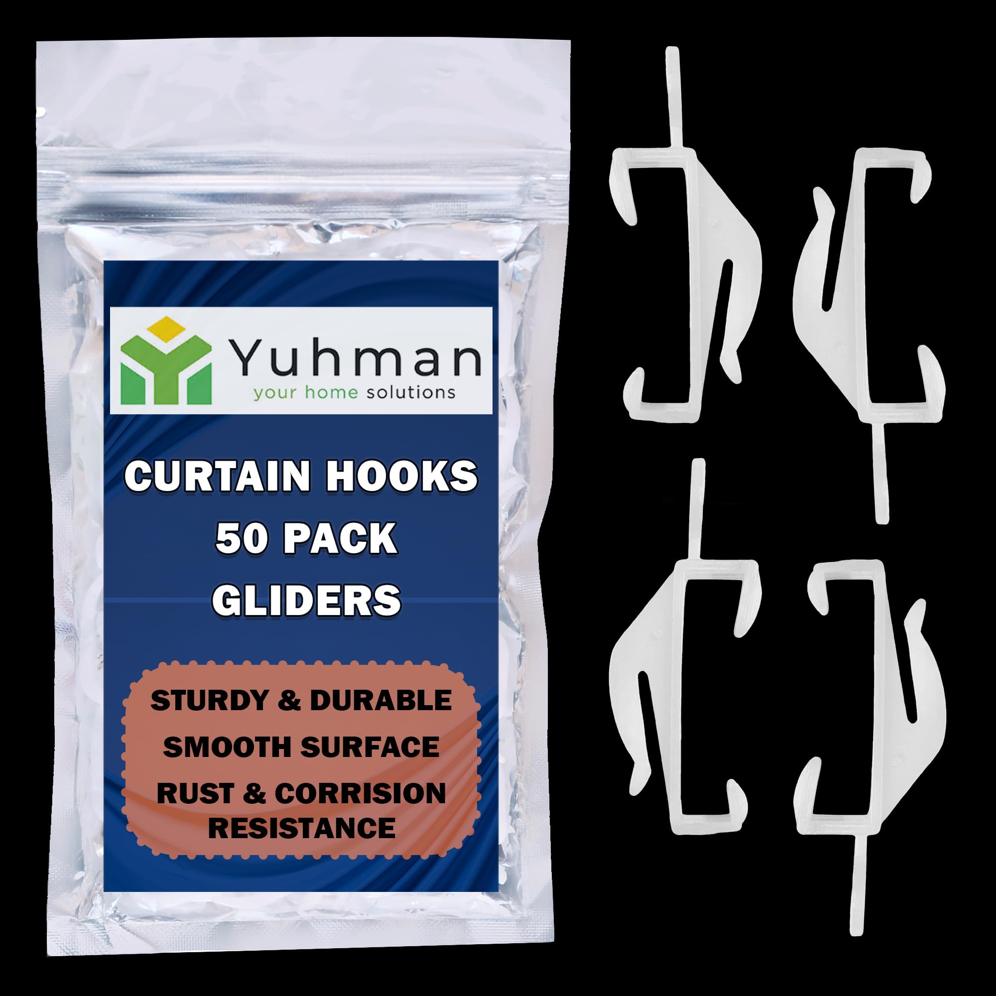 Yuhman 50 pack Glider Curtain hooks - Plastic White- 4.7cm x 2.1cm Premium & Heavy-Duty Curtain Track Hooks - Suitable for Windows, Doors, and Shower Curtains.