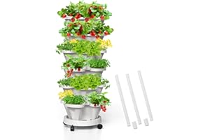 Tectsia 6 Tiered Strawberry Vertical Planters, Stacking Tower Garden with Support Pole, Stackable Herb Vegetable Planters Indoor and Outdoor - White