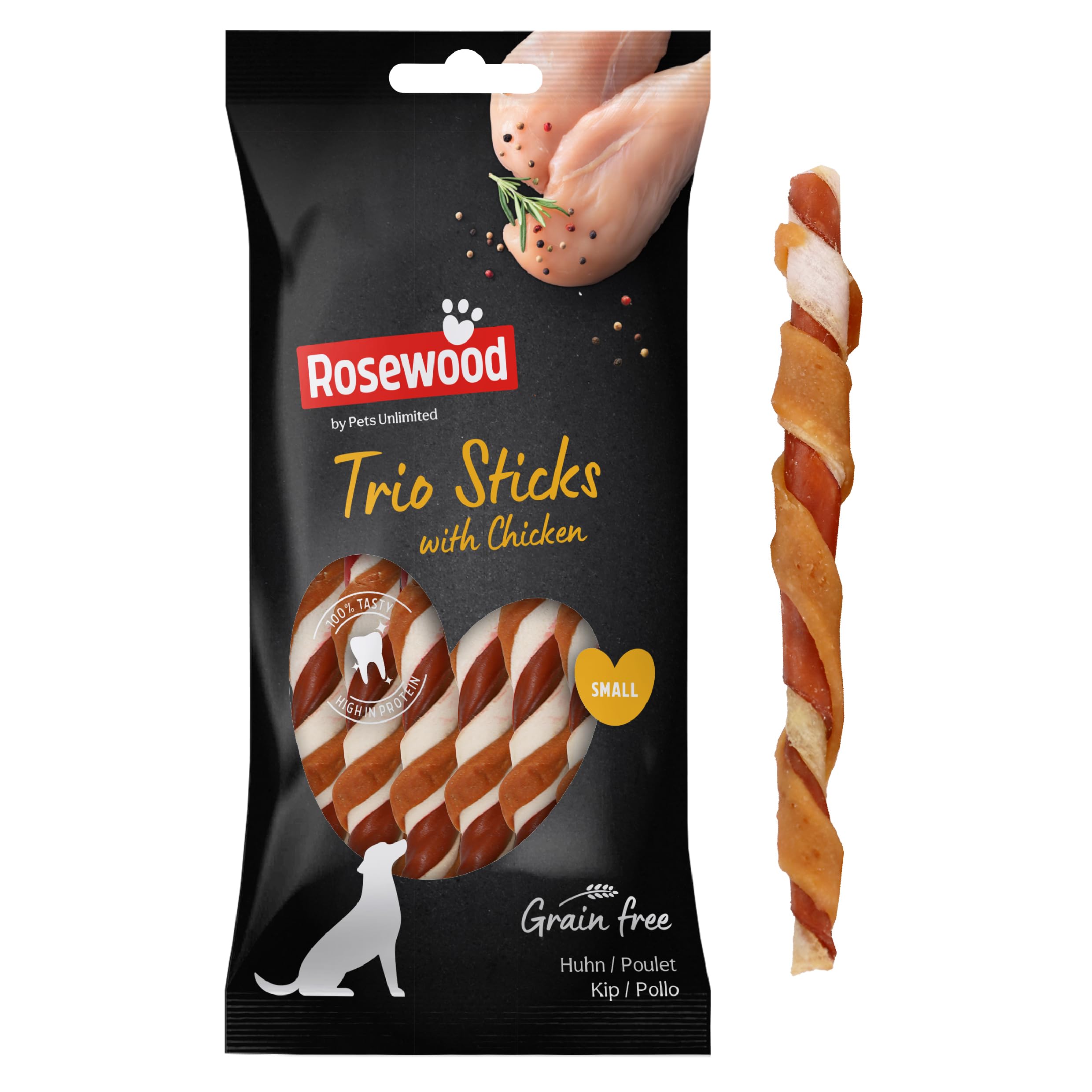 Rosewood Small Trio Sticks for Dogs - Made with Chicken, Grain Free Chews, High Protein Dog Treats, By Pets Unlimited (10pc, 100g)