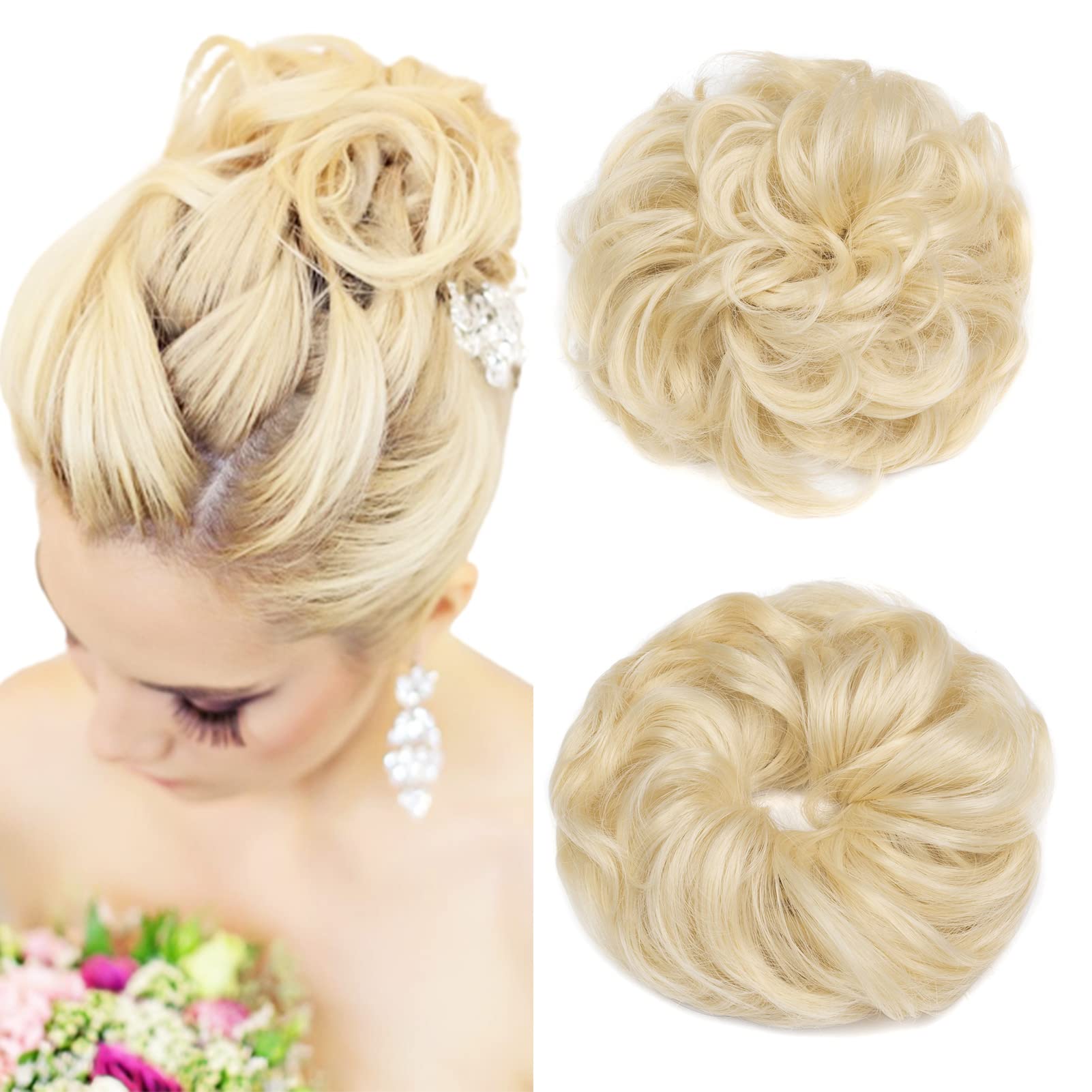 Cybelleza Messy Bun Hair Piece Wavy Curly Hair Scrunchies Thick Messy Hair Bun Updo Hairpiece Synthetic Ribbon Ponytail Extensions Donut Chignons Wavy Wig for Women Girls, 40g Bleach Blonde