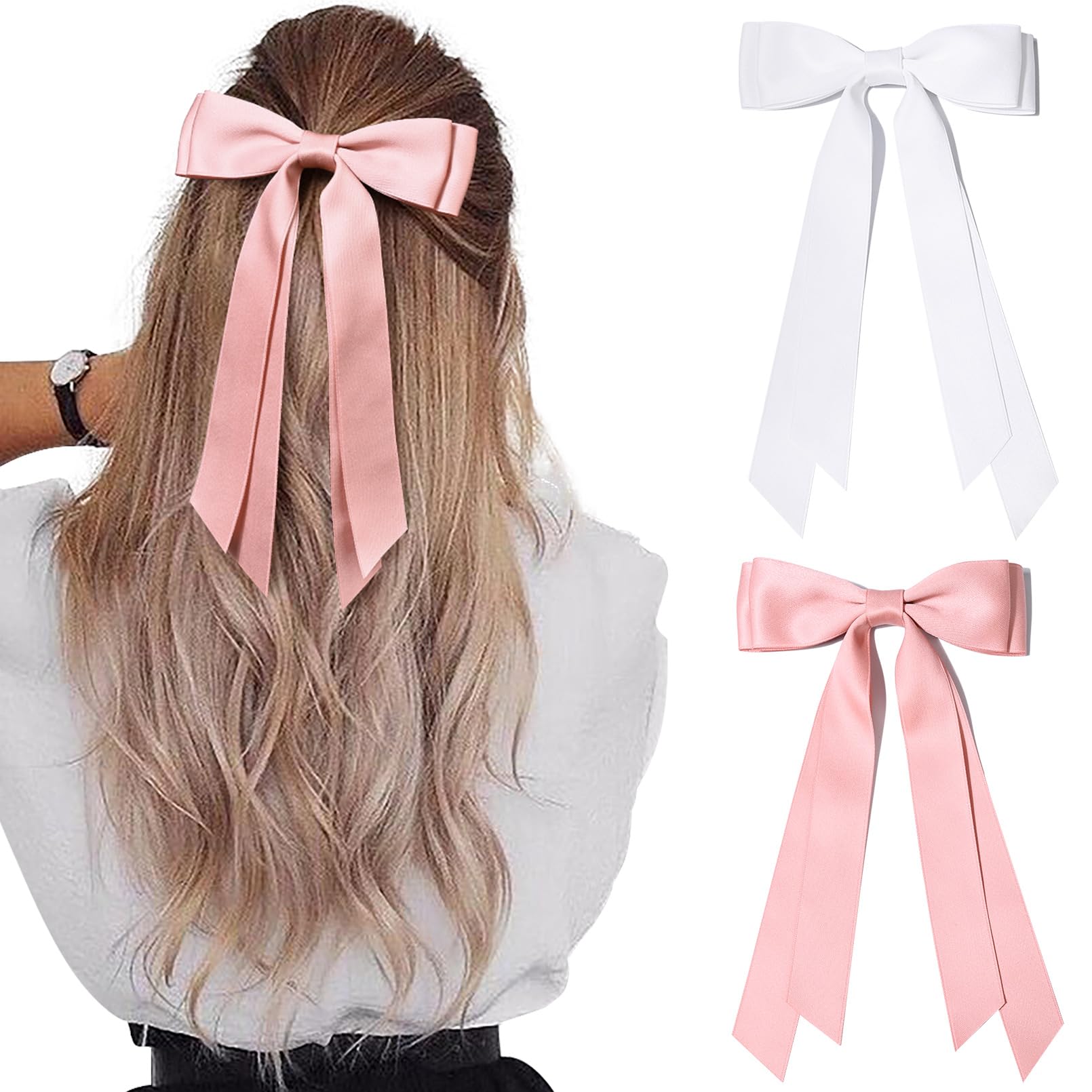 Photo 1 of 2PCS Silky Satin Hair Bows Hair Clip Pink White Hair Ribbon Ponytail Holder Accessories Slides Metal Clips Hair Bow for Women Girls Toddlers Teens Kids