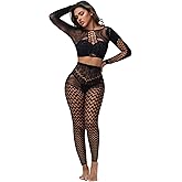 FasDivine Womens Sexy Fishnet Lingerie Sets Footless Fishnet Stockings Hollow Out Long Sleeve 2 Piece Mesh Bodysuits