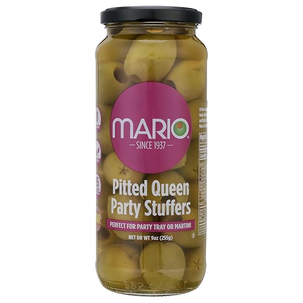 MARIO CAMACHO FOODS PITTED QUEEN PARTY COLOSSAL OLIVES, 9 OUNCE