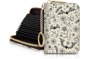 Blusabaca Goth Bat Credit Card Holder for Women, Gothic Floral Small RFID Wallet with Zipper, Card Keychain Wallet, Leather Wallet Card Case, Business Accordion Wallet Gift