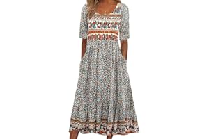 Lausiuoe Summer Dresses for Women,2024 Summer Trendy Elegant Wrap V Neck Boho Print Dress Flowy Ruched Beach Maxi Dress