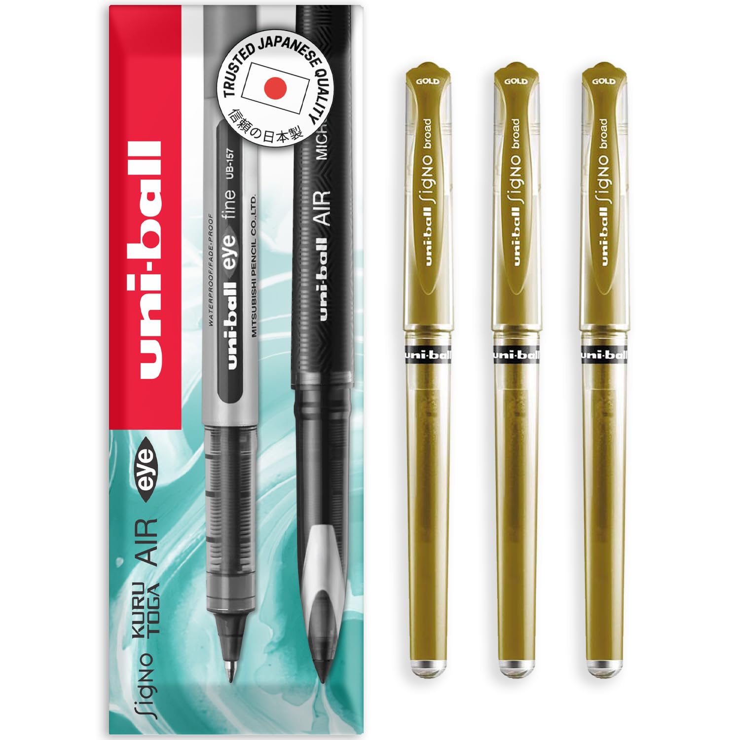 uni-ball Signo Pen - UM-153 Broad Metallic Gel Ink Rollerball - Metal 1.0mm Tip Nib - Rubber Grip - In Envelope Gift Packaging (Pack of 3, Gold)