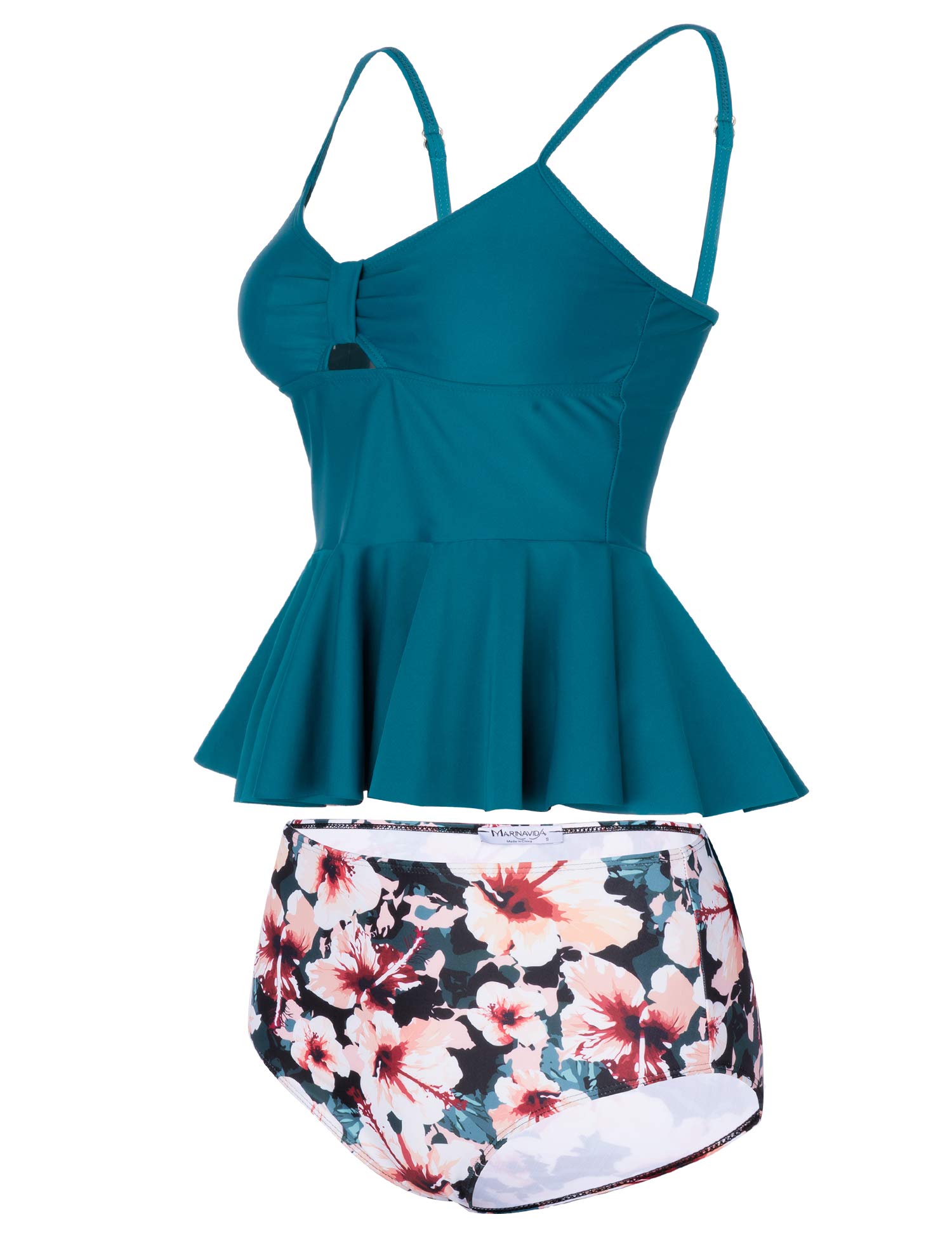MARINAVIDA Wowen Swimsuit Two Piece Ruffle Tankini Top with High Waisted Bottom Dark Green