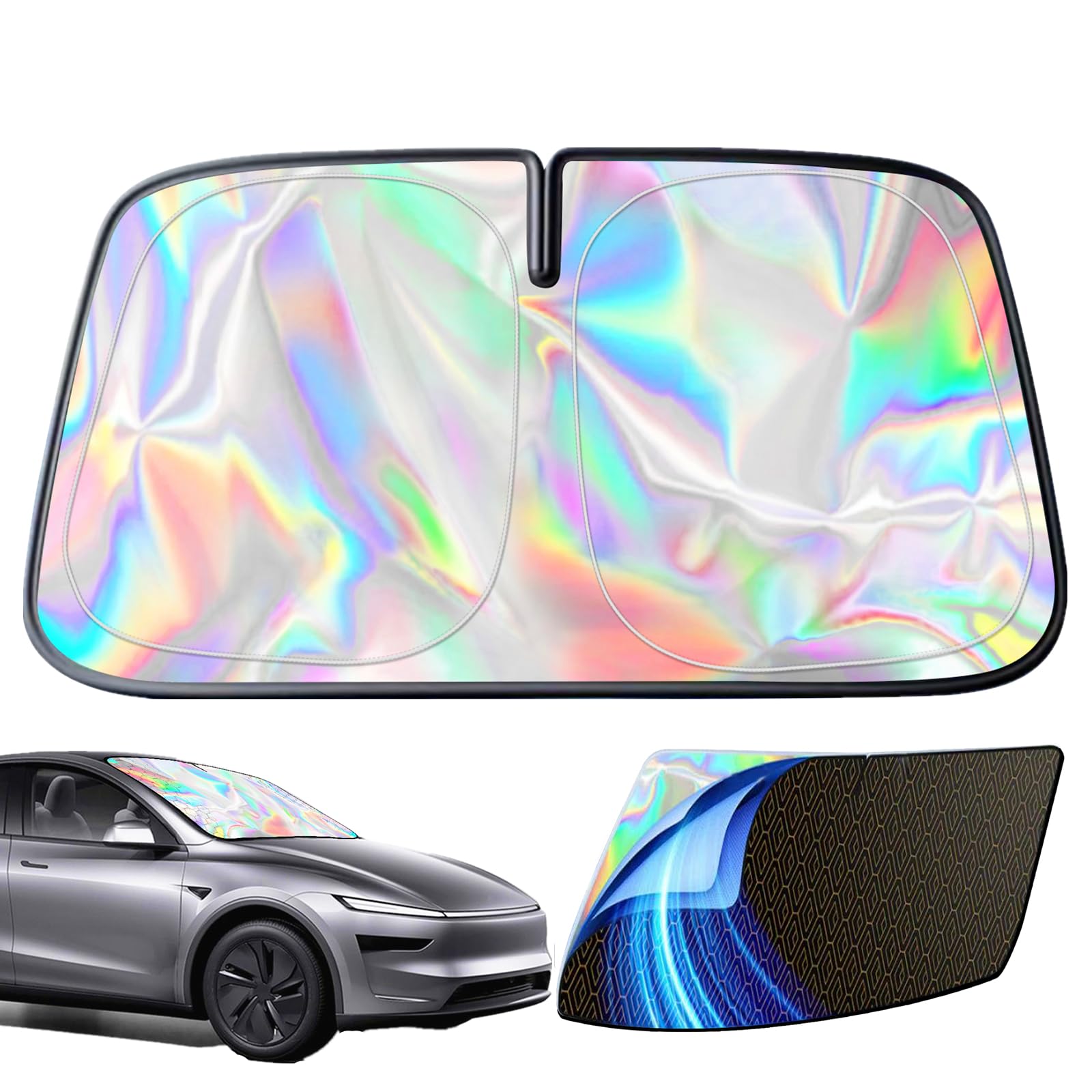 Photo 1 of GWUSKDT Premium Windshield Sun Shade for Tesla Model 3/Y (2016-2025) - 5-Layer Reflective Blocks UV & Heat, Heavy Duty Foldable Sunshade with Metal Frame, Iridescent Color to Keep Interior Cool