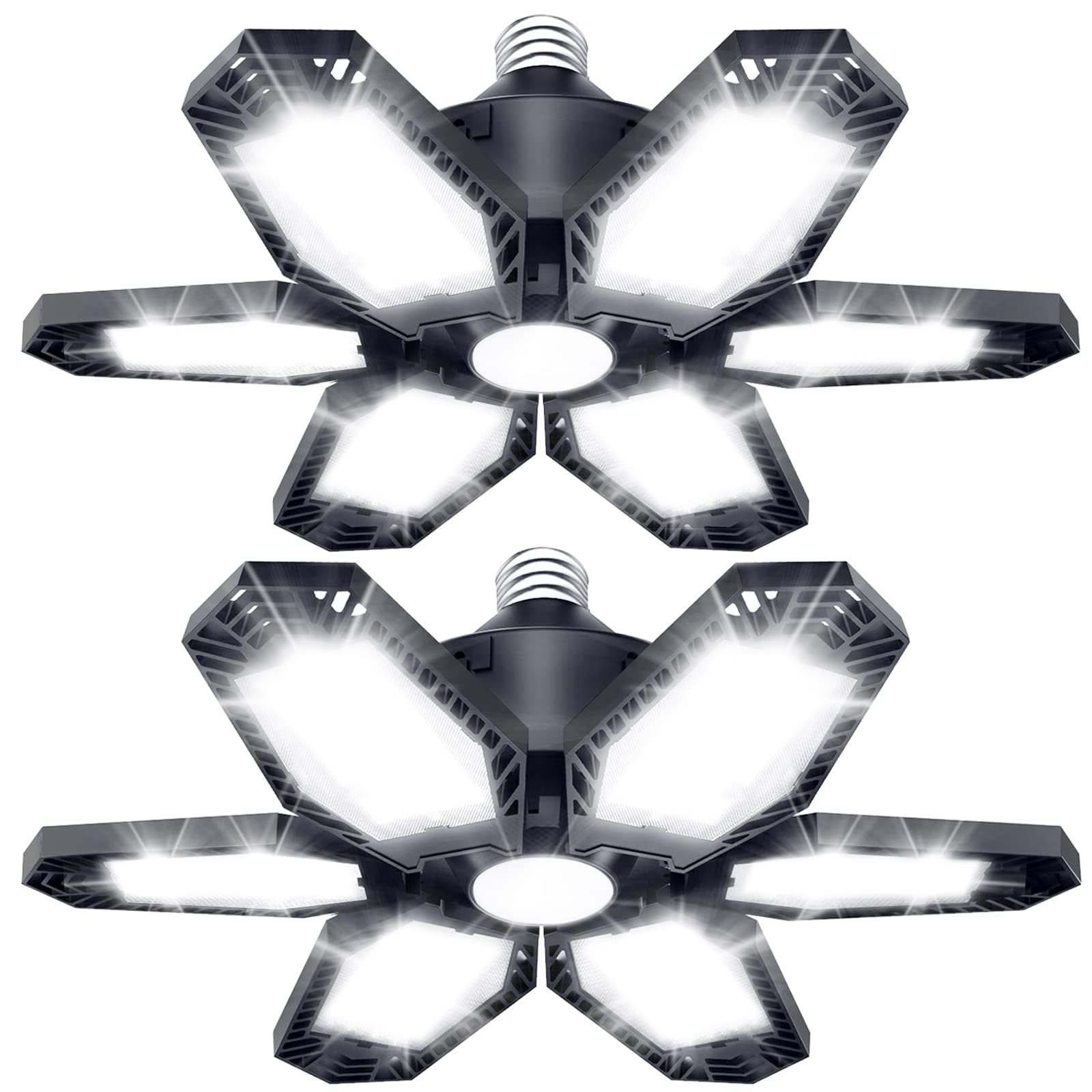 Photo 1 of **PARTIAL SET ONLY 1** TANBABY 2 Pack LED Garage Lights, 150W Deformable Garage Light Bulb, Total 30000LM 6500K Daylight, 6+1 Adjustable Panels, E26/E27 Screw-in Ceiling Light for Basement, Gift for Men