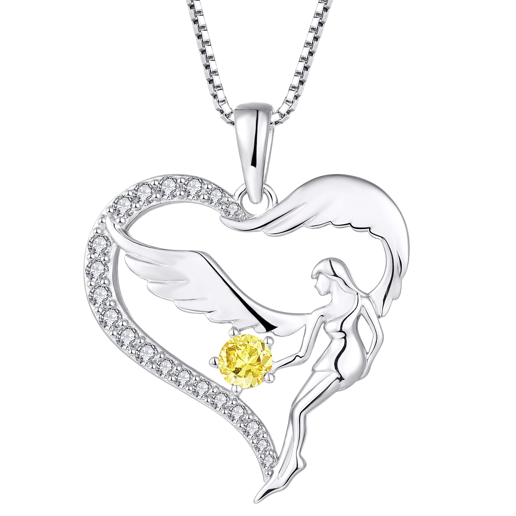 FJ Heart Guardian Angel Necklace 925 Sterling Silver Angel Wing Pendant November Birthstone Necklace Citrine Jewellery for Women