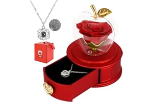 minstely Women Gifts for Christmas - Apple-Shaped Preserved Real Rose Box with I Love You Necklace, Forever Love Eternal Flower Gifts for Her on Birthday,Anniversary,Valentine's Day - Red