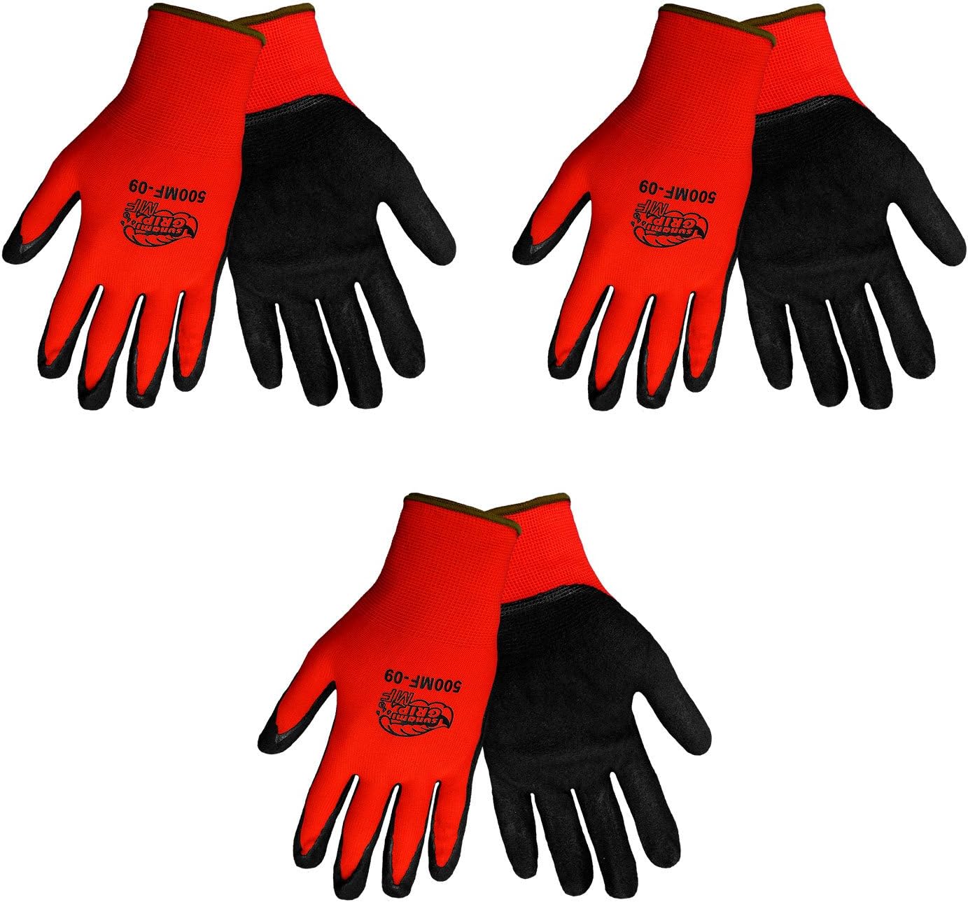 Tsunami Grip 500MF Nitrile Coated Work Gloves Sizes Small-XL, Red/Black, (3 Pair Pack) (Large)