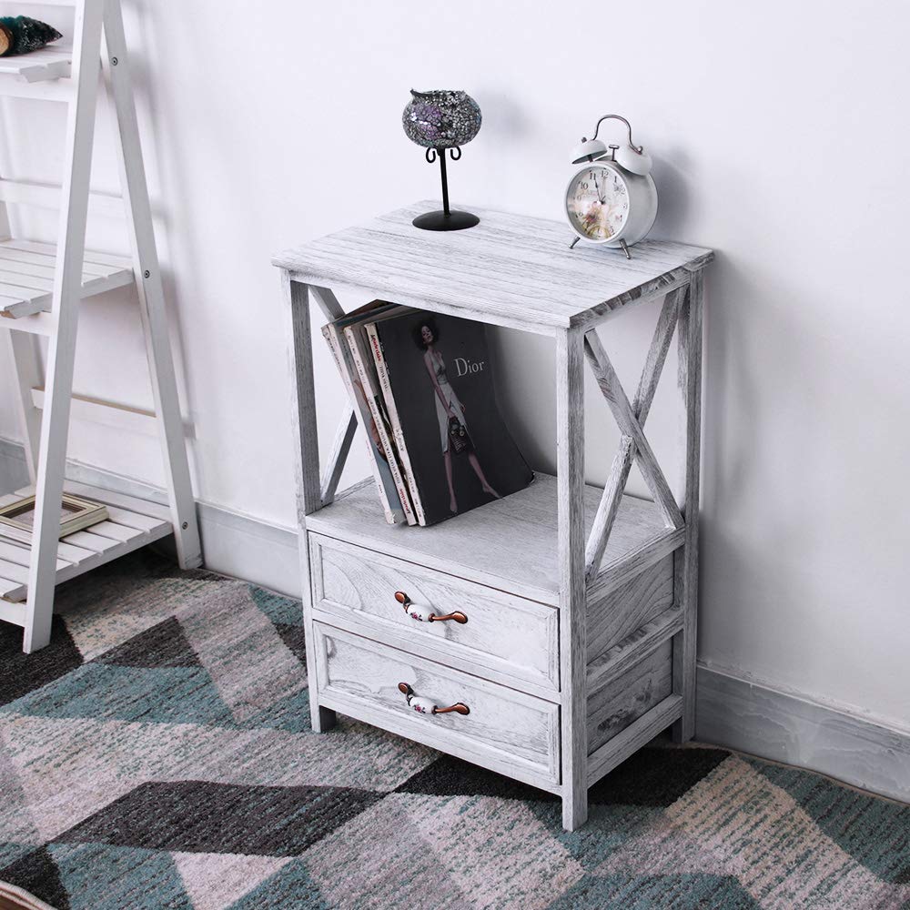 Cabinets Home Kitchen Exqui Bedside Table With Shelf And 2 Drawers White Nightstand For Bedroom Wooden Cabinet Side Table Storage Unit Small Console Table Shabby Chic Furniture For Living Room 47x32x70cm