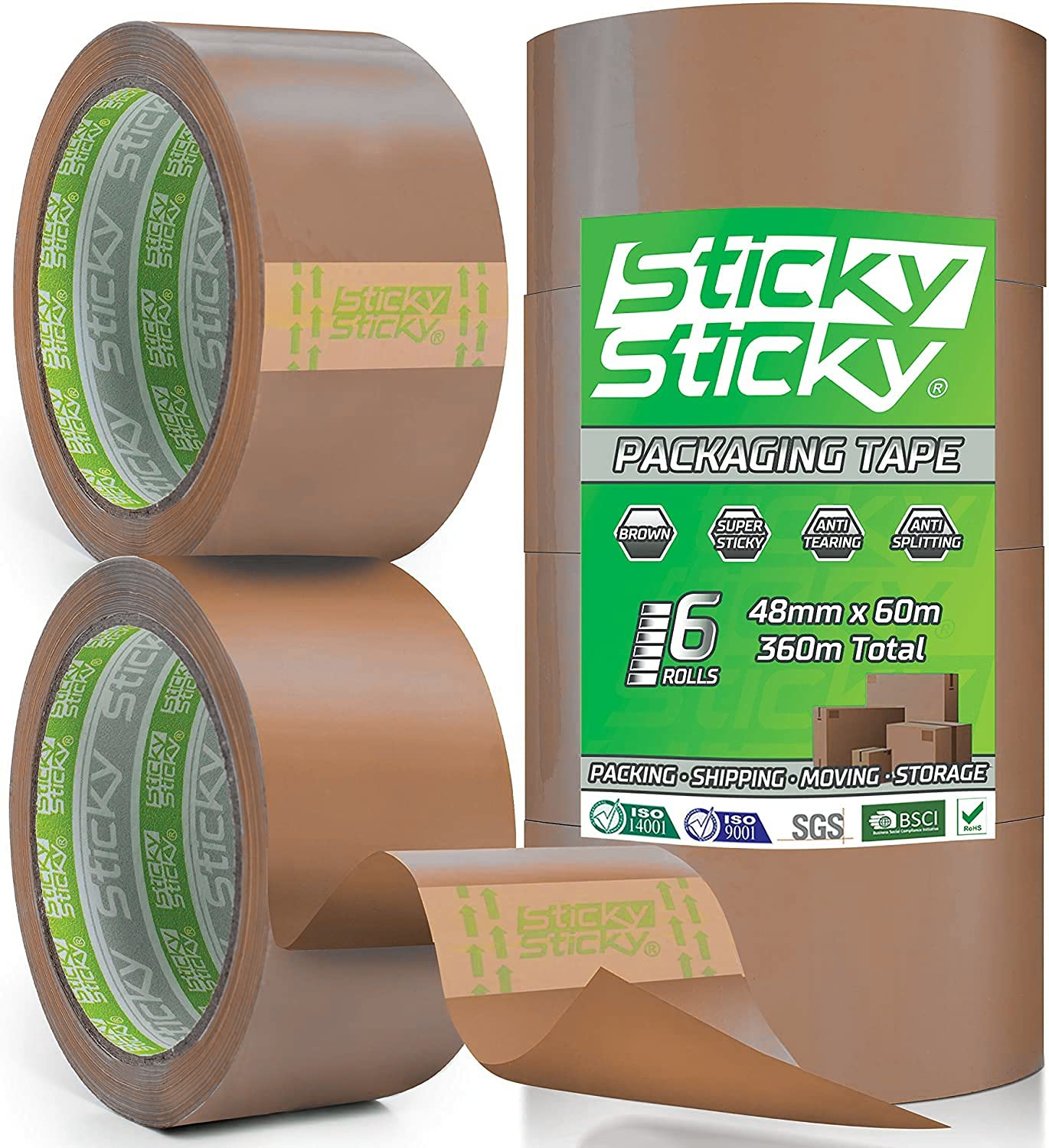 Sticky Sticky Packing Tape 6 Rolls 48MM x 60M Brown Parcel Tape for Boxes - Packaging for Moving House - Shipping