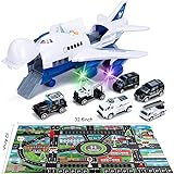 Car Toys Set with Transport Cargo Airplane and Large Play Mat, Mini Educational Vehicle Police Car Set for Kids Toddlers Boys