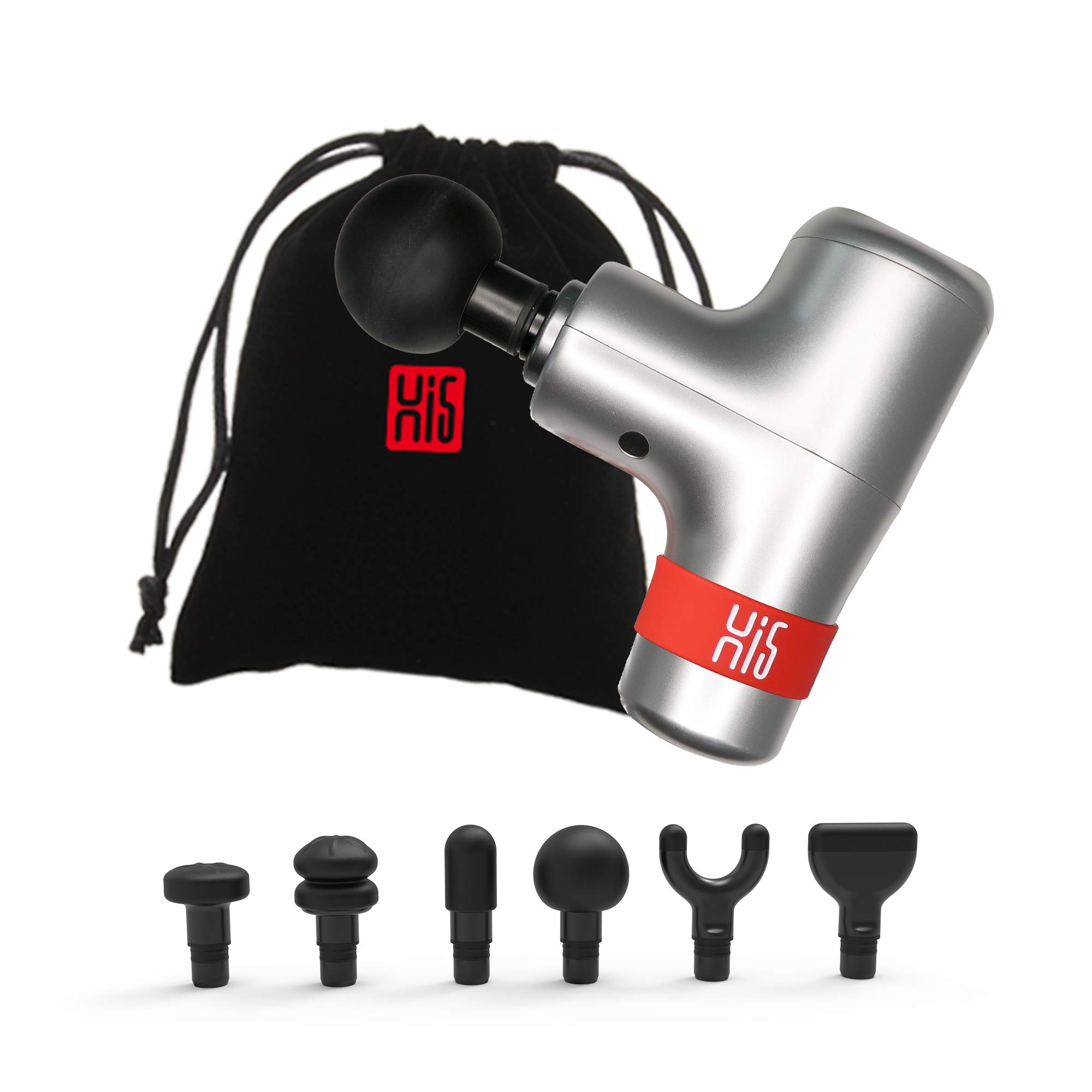 Hi5 General 10365 Portable Vibration Mini Massage Gun with 6 Levels Speeds, 6 Attachement Heads, Drawstring Pocket, Silver