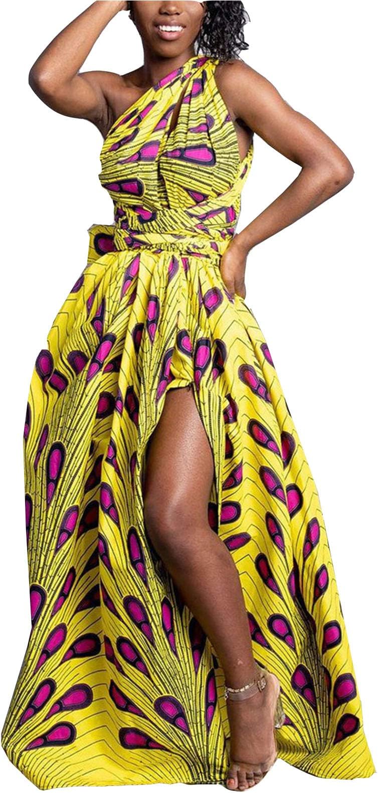 FEIYOUNG Women's Sexy Dashiki Floral Printed Side Slit Long Maxi Dresses Bohemian High Waist Vestidos