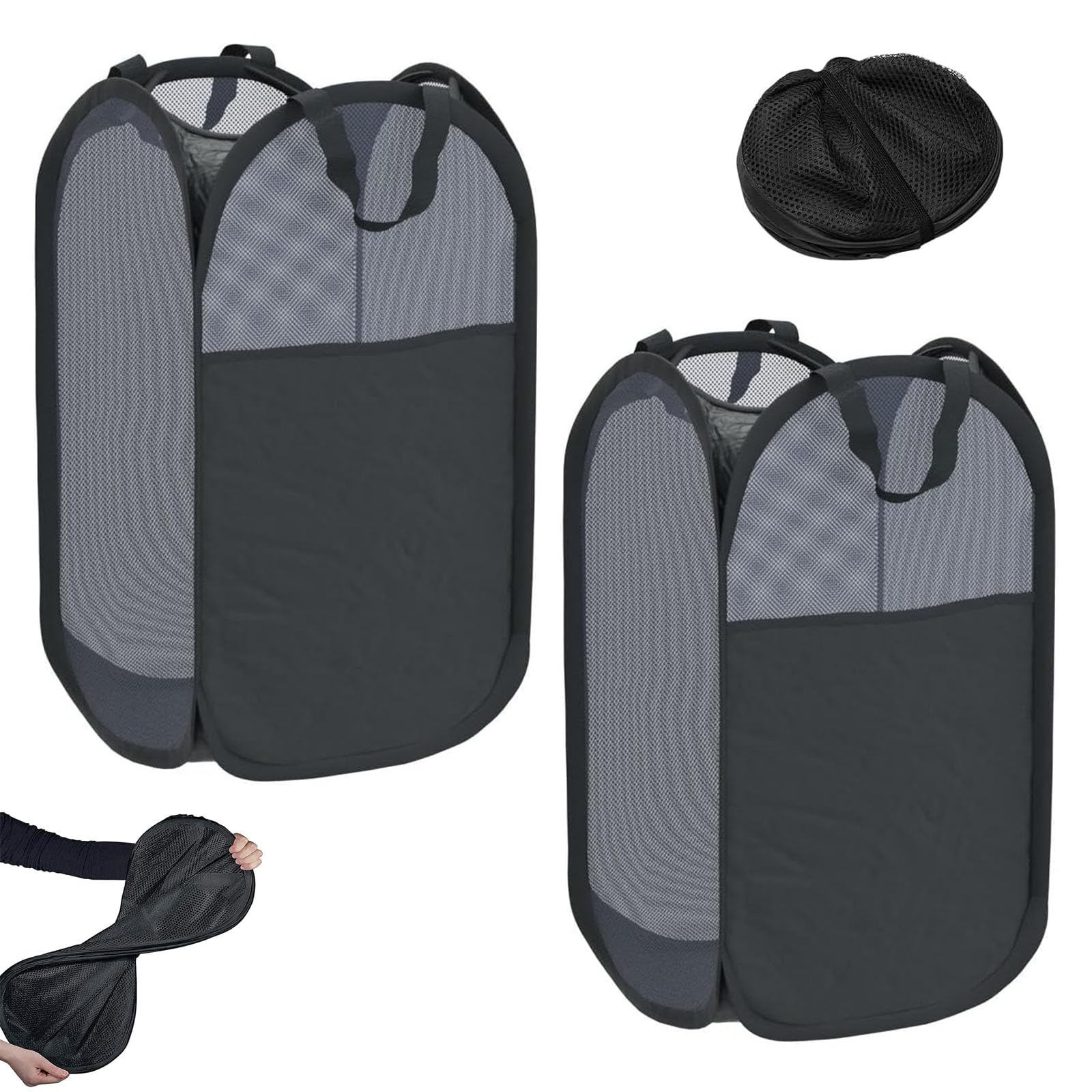 2PCS Black Collapsible Washing Basket, Mesh Folding Laundry Basket, 75L Large Washing Basket Collapsible, Pop Up Laundry Basket Bin with Side Pocket for Bedroom and Bathroom Clothes Tidy Storage