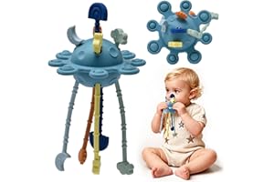 LITTLE RAWR Silicone Baby Sensory Montessori Toys & Pull String Teething Toys for 6-12-18 Months, Toddler Birthday Gift Car Seat Airplane Travel for 1 2 Year Old Boy Girl Infant 8 9 10 Months Old (Blue)